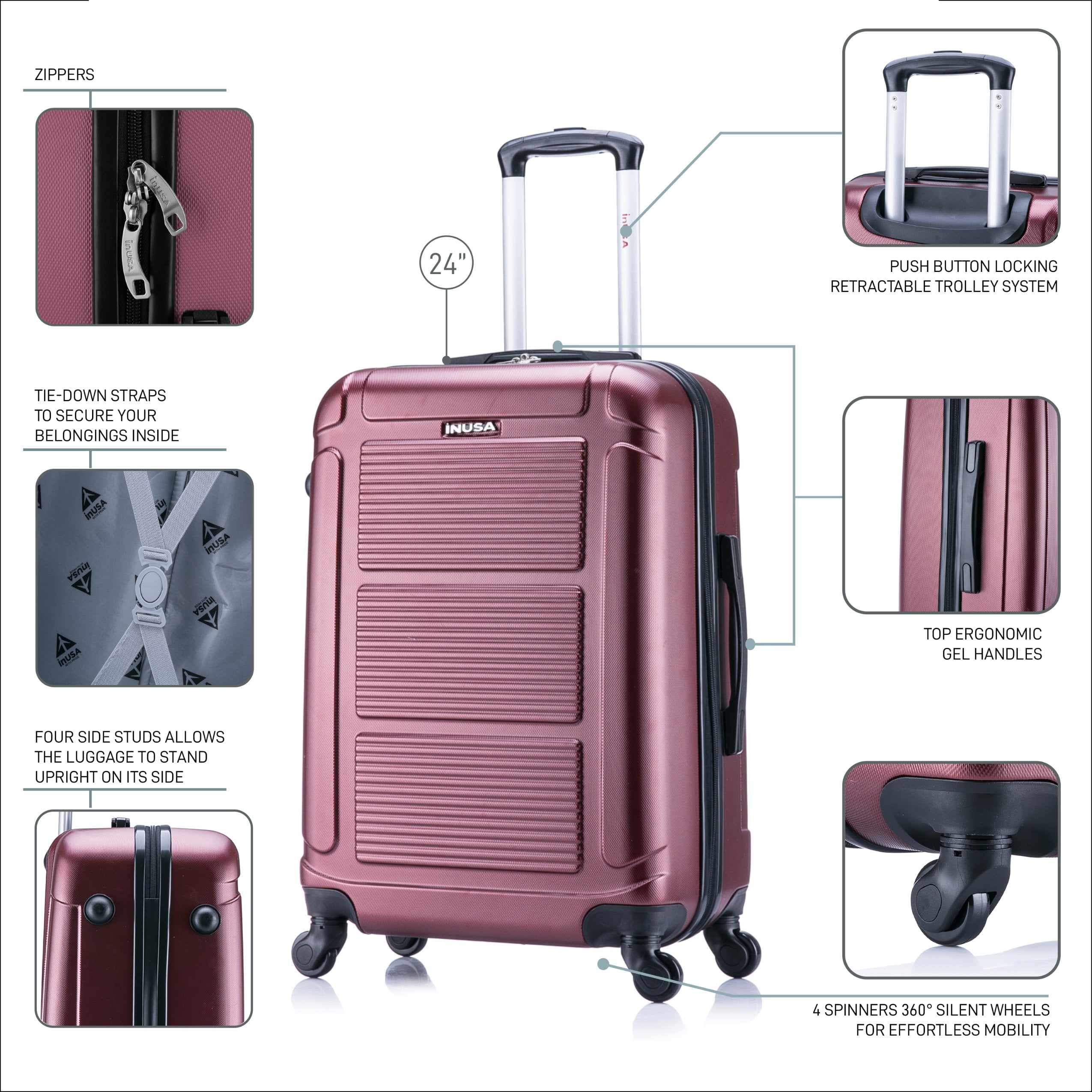 InUSA Pilot 24" Hardside Lightweight Luggage with Spinner Wheels, Handle, and Trolley, Wine