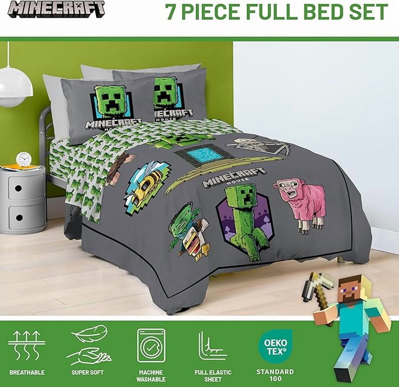 Minecraft Let's Minecraft 7 Piece Full Size Comforter Set with Shams - Kids & Teens Gaming Bedding