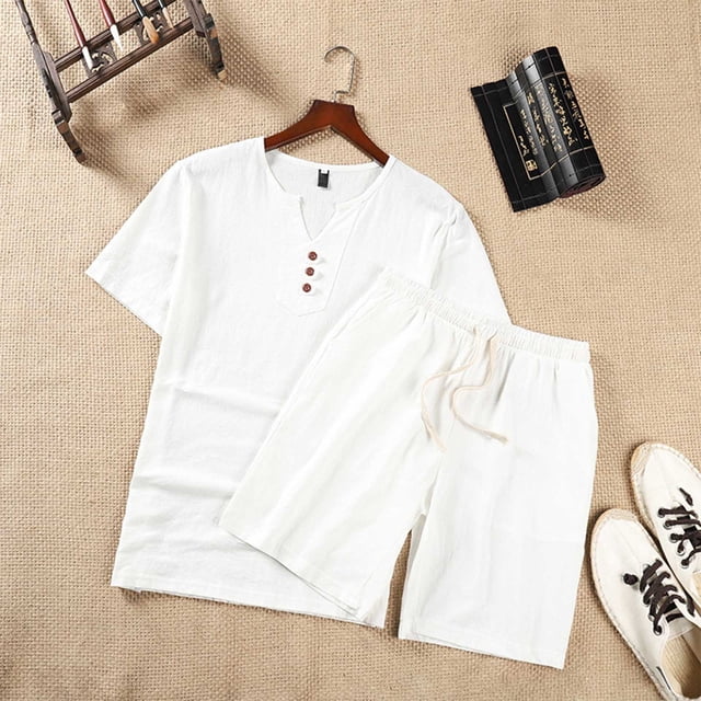 Weiqiqre Men's 2 Piece Outfits Linen Set Short Sleeve Shirt Top and Drawstring Waist Vacation Short Sets