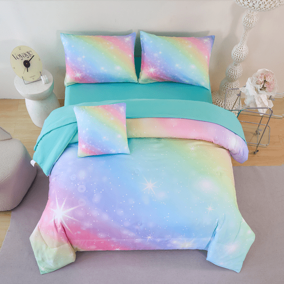 PERFEMET 6 Pieces Pink Girls Twin Comforter Set Colorful Rainbow Galaxy Kids Bedding Set Gradient Glitter Star Bed in a Bag for Twin Beds