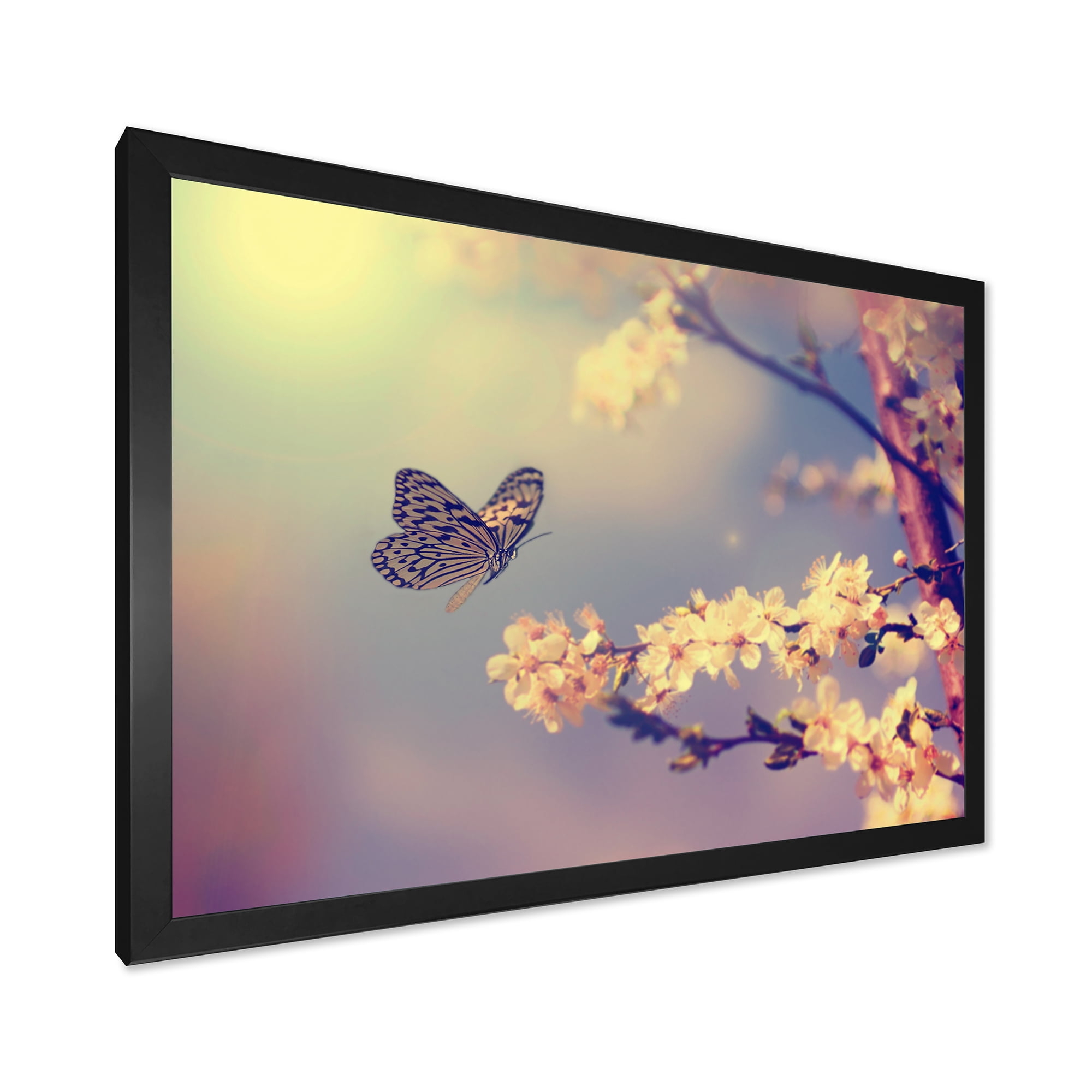 Designart 'Ancient Butterfly Flying To A White Flower' Traditional Framed Art Print