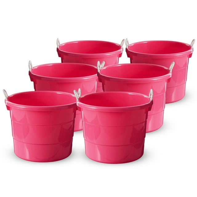 HOMZ Bacs de Rangement Ouverts de 18 Gallons avec Poignée en Corde, Seaux en Plastique, Rose, Lot de 6