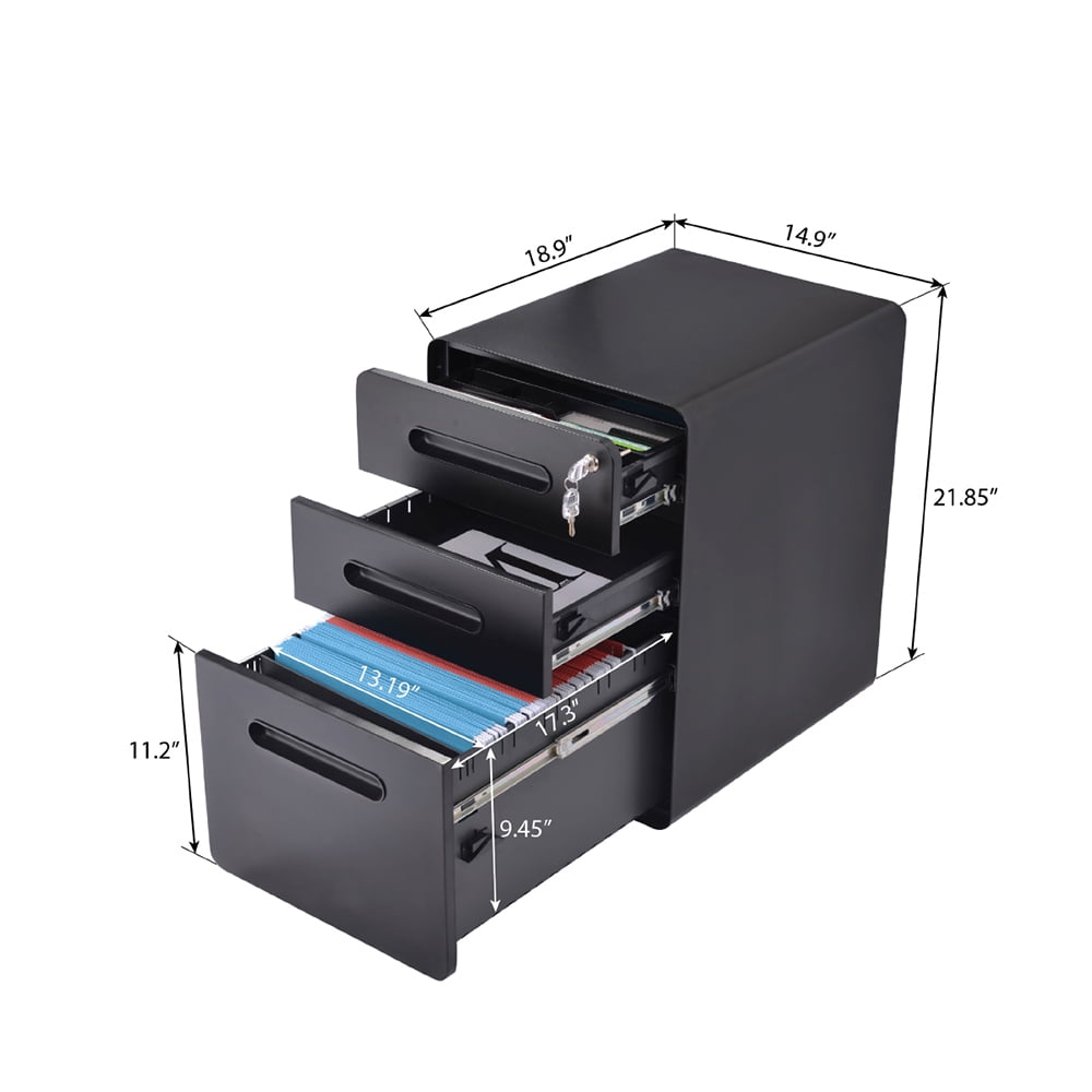 Kepooman 3-Drawer Mobile Steel File Cabinet with Lock for Legal/Letter/A4 Size, 14.9"W x 18.9"D x 21.85"H, Black Kepooman 3-Drawer Mobile Steel File Cabinet with Lock for Legal/Letter/A4 Size, 14.9"W x 18.9"D x 21.85"H, Black