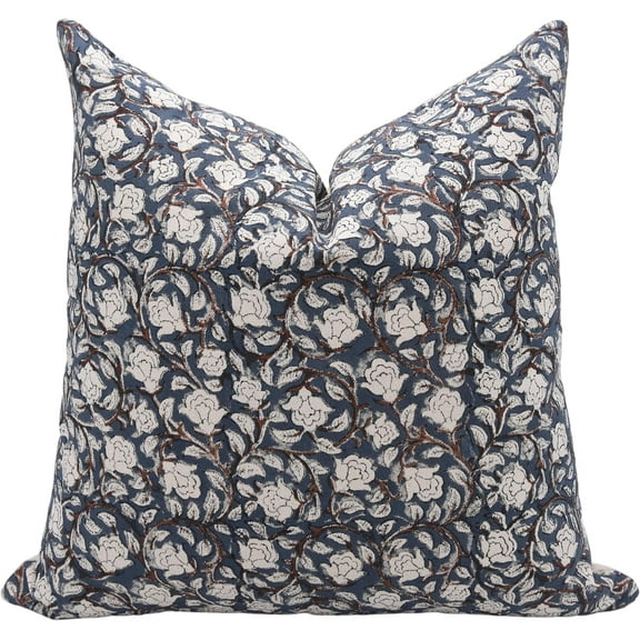 Fabdivine Block Print Decorative Throw Pillow Cover, 22x22 inch, Duck Canvas, Blue Floral Boho Design, for Sofa and Couch