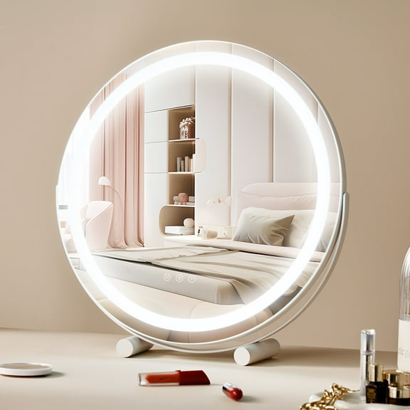 VEVOR 20” Vanity Mirror With Lights, LED Makeup Mirror 3 Color Lighting Modes, with 5X Magnification Mirror,Smart Touch Control, 360°Rotation,Round Lighted Makeup Mirror for Bedroom Tabletop(White)
