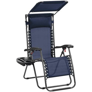 Alden Design 26in Foldable Outdoor Zero Gravity Chair with Sunshade Cupholder/Pillow for Patio, Navy Blue
