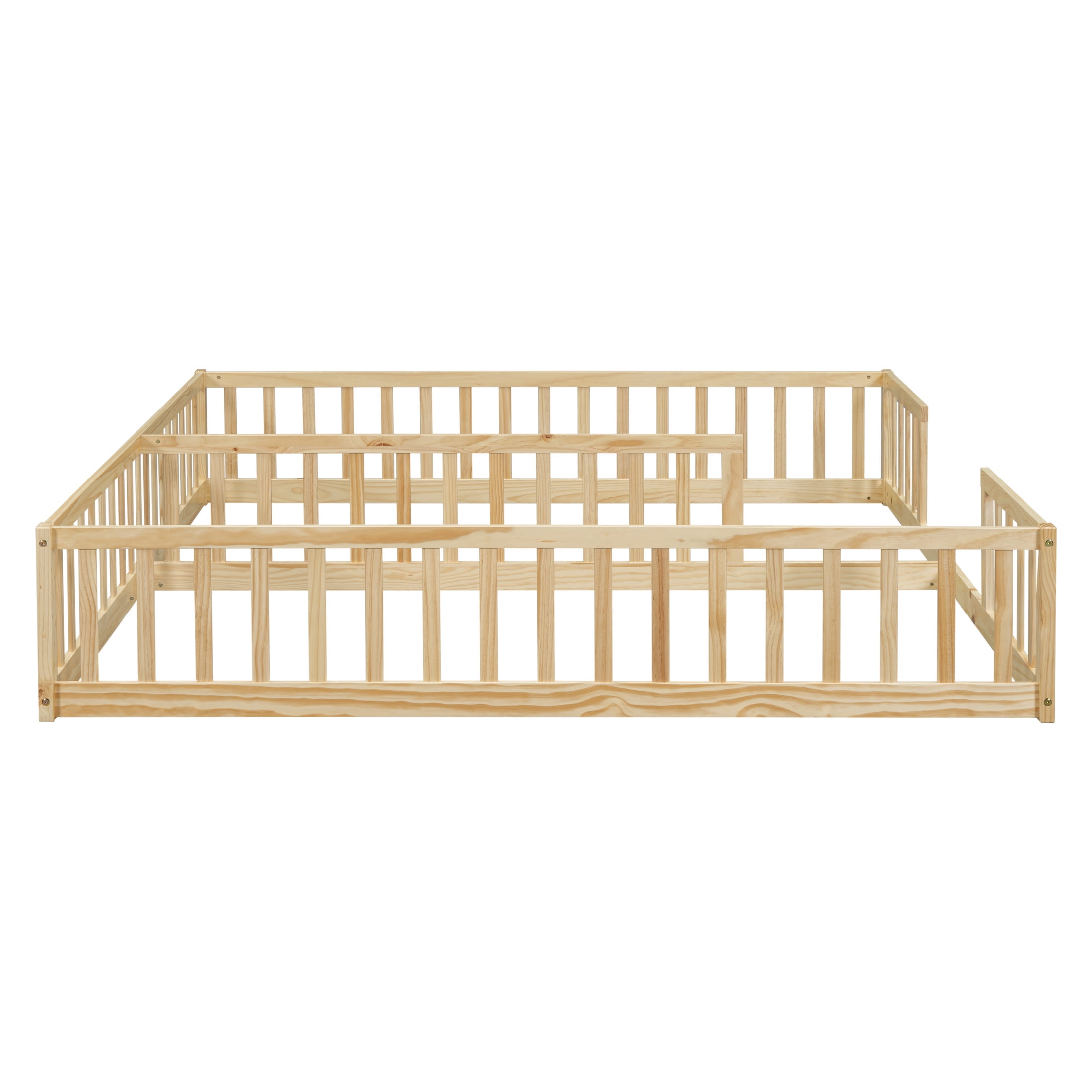 Noble House Finbar Double Twin Floor Bed with Fence Guardrails, Pine and Engineered Wood Frame for Kids, Natural