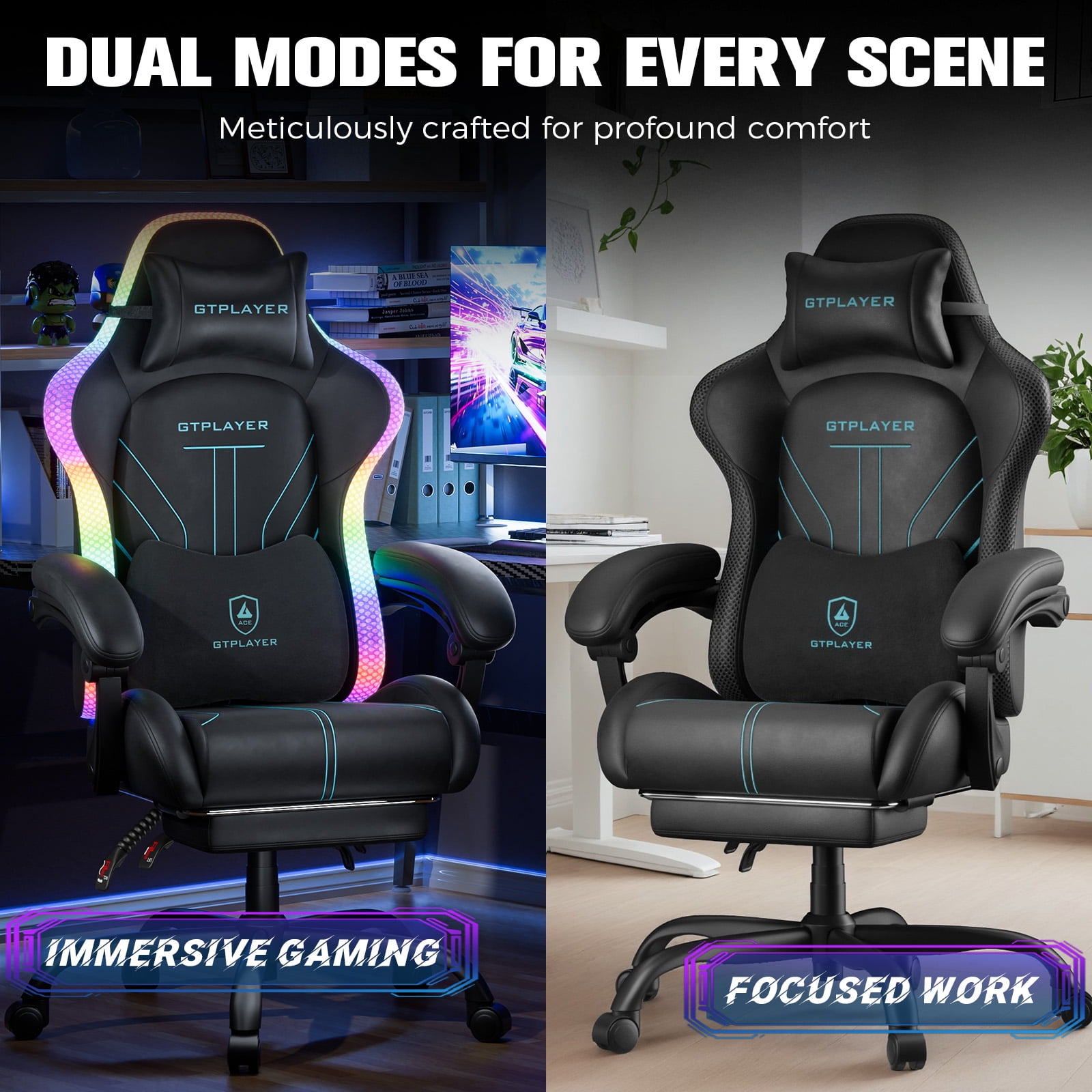 GTPLAYER RGB Gaming Chair with Timed LED Lights, 400LBS Capacity Gaming Office Chair with Reclining Backrest & Retractable Footrest for Gaming & Office, Blue
