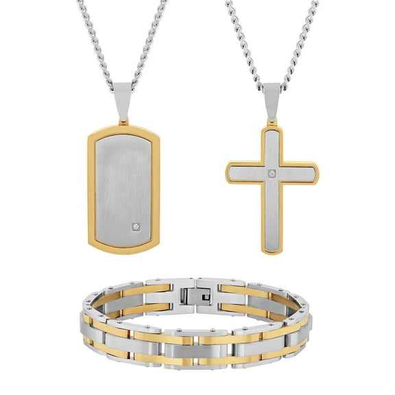 Mens Lab-Grown Diamond Accent Two-Tone Stainless Steel Pendant Necklace & Bracelet Set, Set of 3