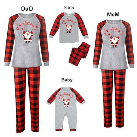 FOCUSNORM Christmas Family Pajamas Set Plaid Santa Print Long Sleeve O-neck Pullover+Trousers/Romper