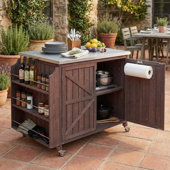 AENKYO 42" Outdoor Kitchen Island, Rolling Grill Cart with Stainless Steel Top, BBQ Prep Table with Cabinet, Brown