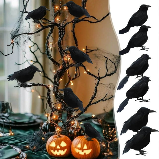 Fridja 6pc Simulation Crow Decoration Halloween Party Props Realistic Feathered