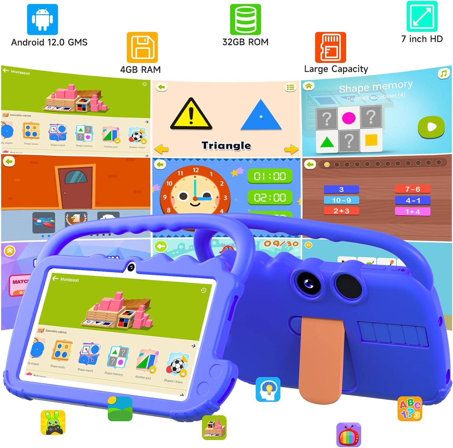 IWEGGO 7 in 1024 x 600 Child Tablet, 32GB, Android 12, Wi-Fi, Blue with Case