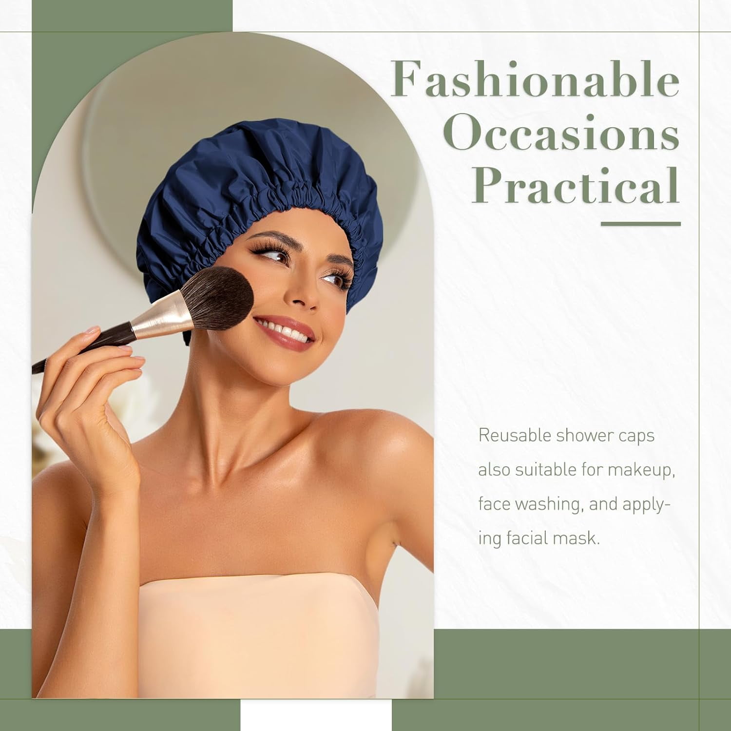 Reusable Shower Cap for Women, Large Waterproof Bonnet with Elastic Band, Washable Bath Hair Long, Curly Hair, Braids, Daily Shower, Home Spa, Travel(Navy)