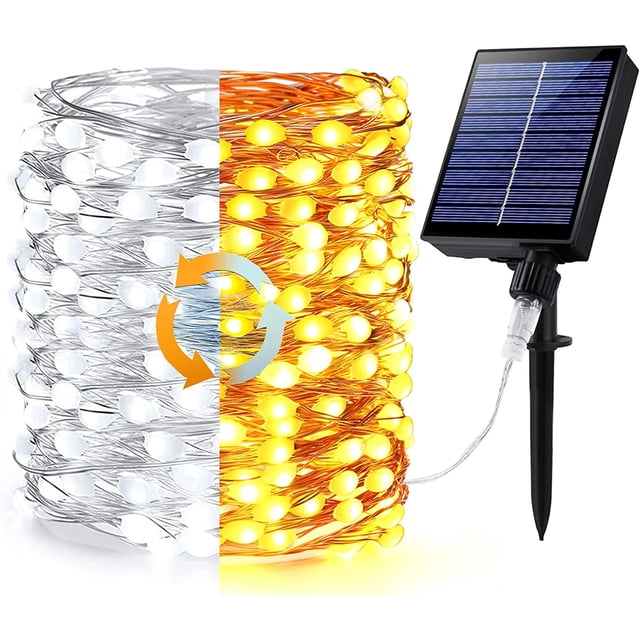FlkwoH Cadena de luces solares para exteriores, BrizLabs 20M 200 LED Luces de hadas para exteriores 3x Granos impermeables 8 modos Alambre de cobre Decoración Luz para jardín Fiesta Navidad, Blanco cálido