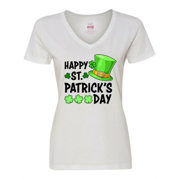 Inktastic Happy St. Patrick's Day Green Hat and Clovers Women's V-Neck T-Shirt