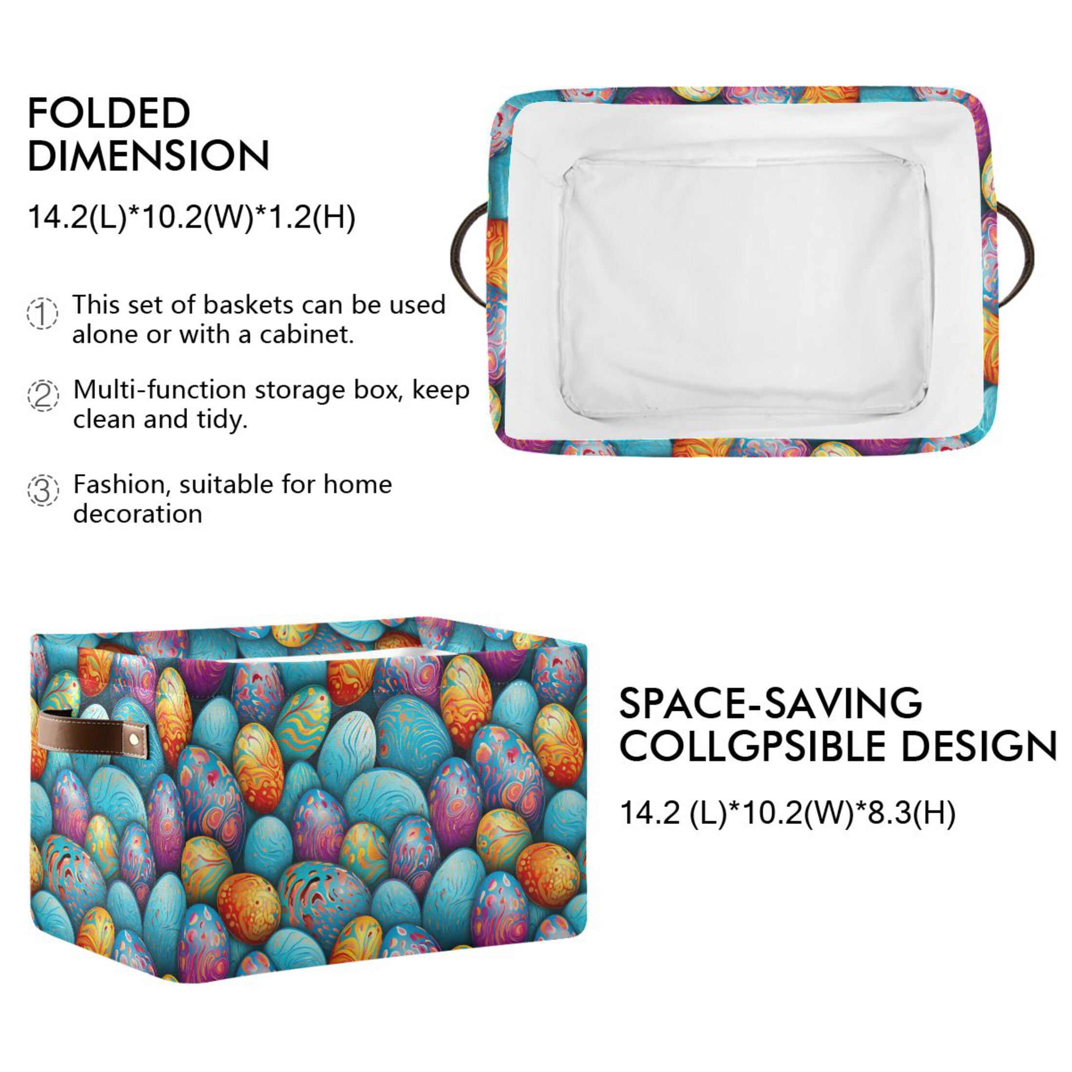 Easter Eggs with Abstract Flowers Storage Bins with Handle Fabric Organizer Basket Foldable Box 2 Pack 14.2x10.2x8.3