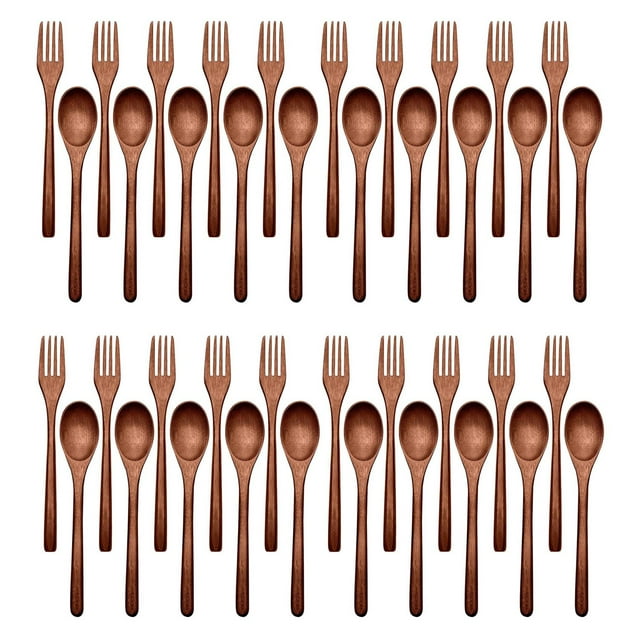 40x Cucharas de Madera Y Tenedores, Juego de Utensilios de Madera, Juego de Cubiertos de Madera Natural Reutilizable