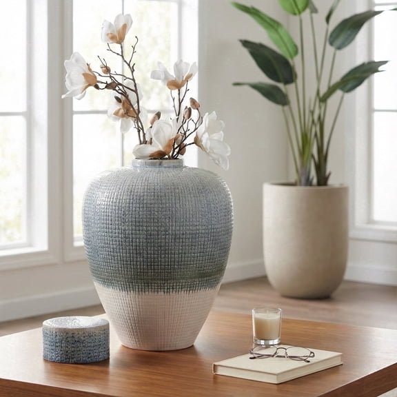 Modern Ceramic Lidded Jar Vase for Living Room Decor - Decorative Flower Vase for Bedroom, Office, and Home Decor - Ideal House Accent for Shelf Display or Entryway Table - 20", Blue & White