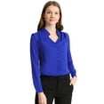 thumbnail image 1 of Elegante camisa abotonada cuello alto con escote en V recortado carrera primavera para mujer Azul real XS, 1 of 6