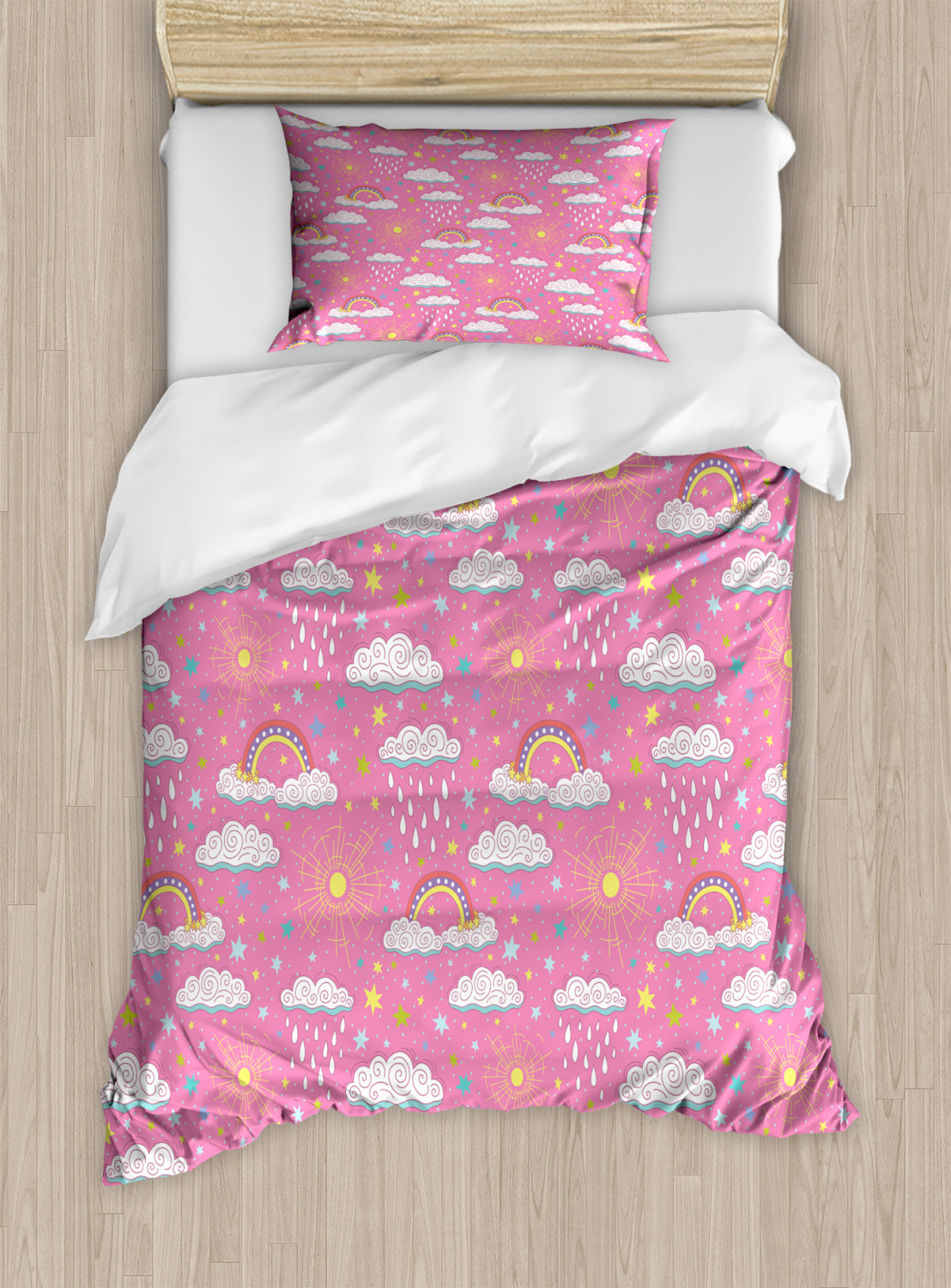 Kids Girls Twin Size Duvet Cover Set, Doodle Style Pattern with Sunshower Rainy Clouds Rainbow