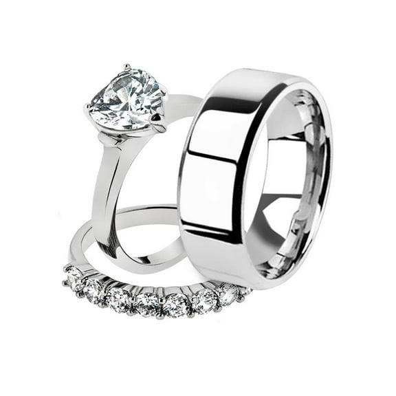 His and Her 3pc Stainless Steel 2.70 Ct Cz Bridal Ring Set and Men Beveled Edge Band Women's Size 10 Men's 06mm Size 11