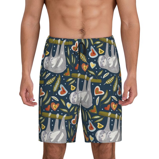 Balery Cute Sloth Pantalones cortos de pijama de punto de algodón para hombre con cinturilla y bolsillos-3X-Large