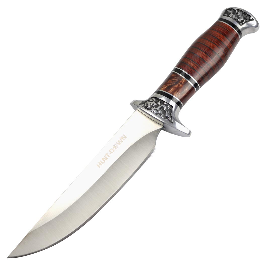 HuntDown 12' Western Style Hunting Knife Packawood Wood Handle Leather