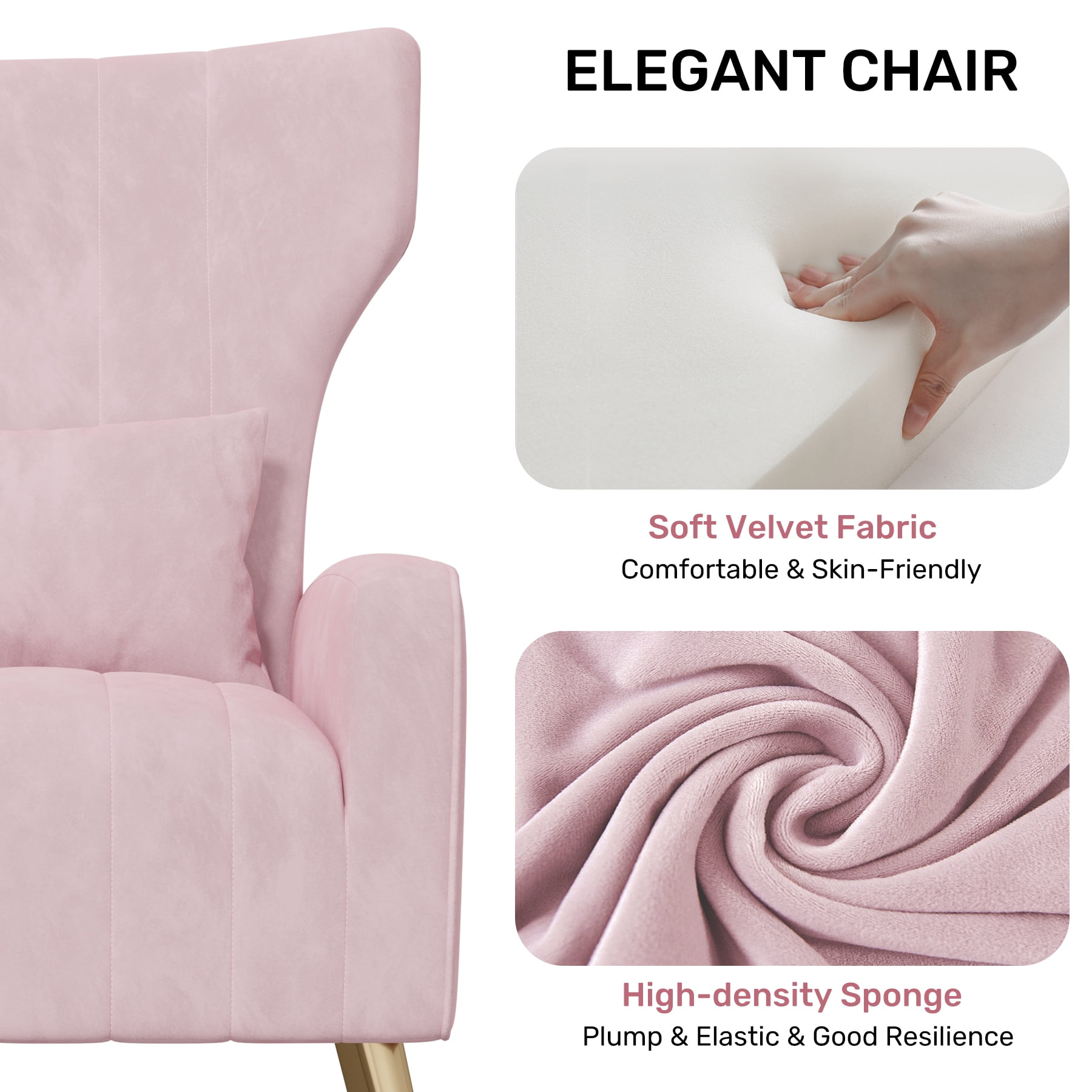 MOONMISS Velvet Accent Chair for Living Room, Modern Arm Chair with Pillow, Single Sofa Lounge Chair for Bedroom & Reading Room,Pink