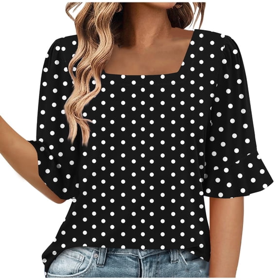 MaFYtyTPR Womens Summer Casual Loose Tops Women's Fashion Summer Wave point Short Sleeve Square-Neck Loose Blouses A-Black S