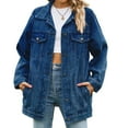 thumbnail image 2 of Jean Jackets for Women Trendy Button Down Denim Trucker Jackets Long Sleeves Frayed Hem Shacket Jacket Deep Blue XXL, 2 of 9