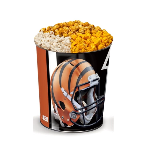 Colby Ridge 3 Way Football Popcorn Tin - White, Caramel, and Cheese Gourmet Craft Popped Gluten Free (3 Gallon - Bengals)