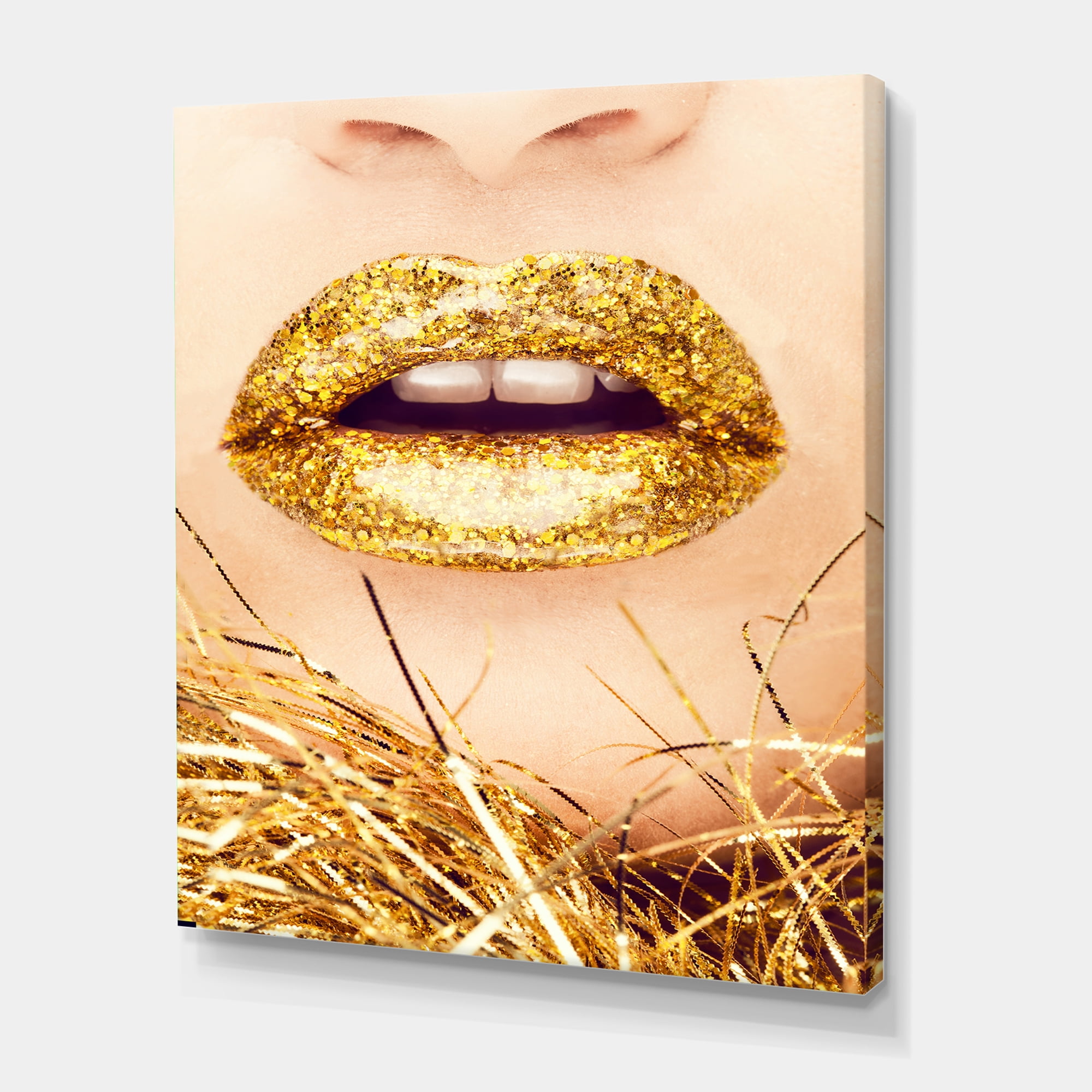 Designart ' Close-Up Of Golden Female Lips I ' Modern Canvas Wall Art Print