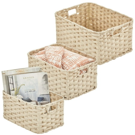 mDesign Rectangular Woven Braided Home Storage Basket Bin Set of 3 - Cream/Beige