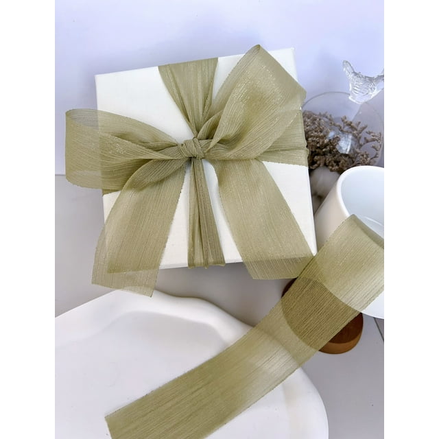 Firefly Hope 1 Rolls 1.5 Inch Chiffon Crinkle Silk Ribbon, Shining Handmade Fabric for Bow Decoration, Wedding Invitations & Crafts, Olive Green