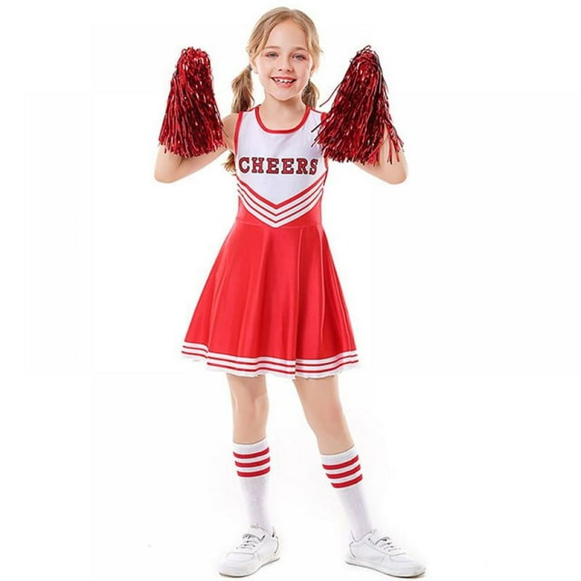 Girls Kids Cheerleader Uniform Dance Dress with Knee Socks Match Pom poms Set