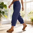 thumbnail image 5 of High-Waisted Cotton-Linen Balloon Pants for Women with Elastic Cuffs - Loose Fit Cropped Trousers for Women's Summer Casual & Vacation Wear Navy XL, 5 of 8