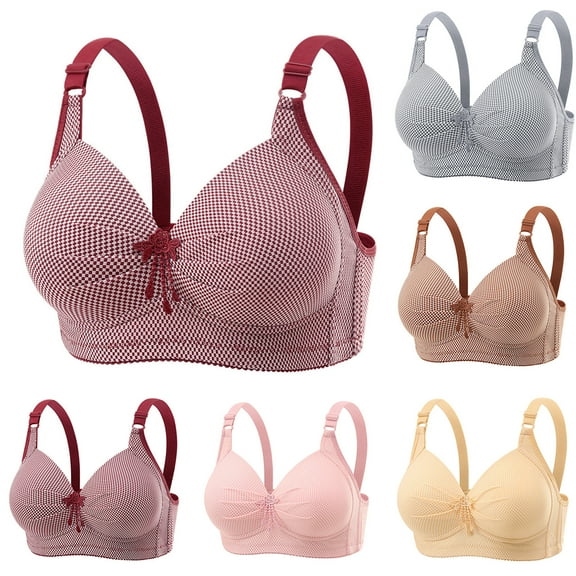 SMihono Women's No Underwire Plaid Push-Up Everyday Bras Full Coverage Comfort Adjustable Strap Wireless Tshirt Bra Brown 38