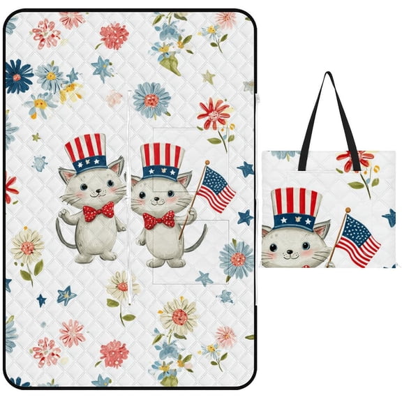 Patriotic Kittens Celebrate Freedom Joyfully Picnic Blanket Waterproof Outdoor Beach Blanket Hand-held Pad Suitable for Travel, Camping, Beach, Family Gatherings
