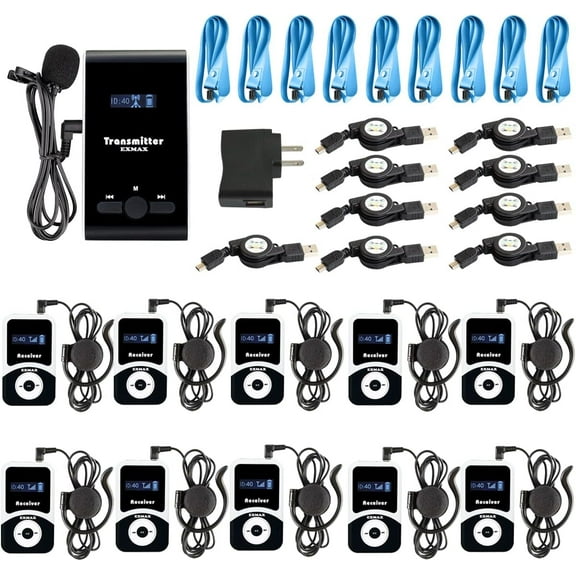 EXMAX EX-100 Wireless Tour Guide System Microphone Earphone Headset for Church Translation Simultaneous Interpreting Teaching Silent Live Conference Travel Interpretation(1 Transmitter 10 Receivers)