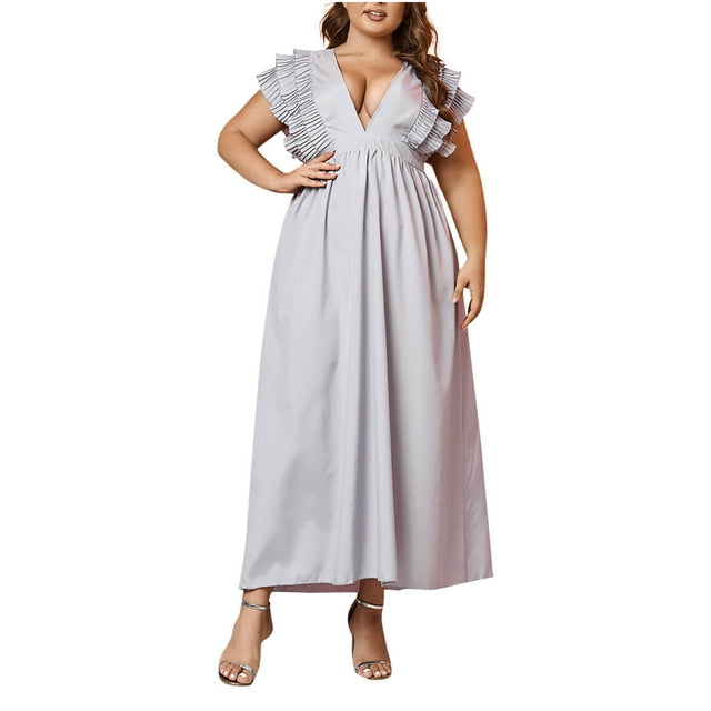 Vestido de Malla para Mujeres Sexy Color Sólido Largo Cuello en V Multicapa Cintura con Cuerda, Vestido Maxi Selvedge para Fiesta Y Fecha