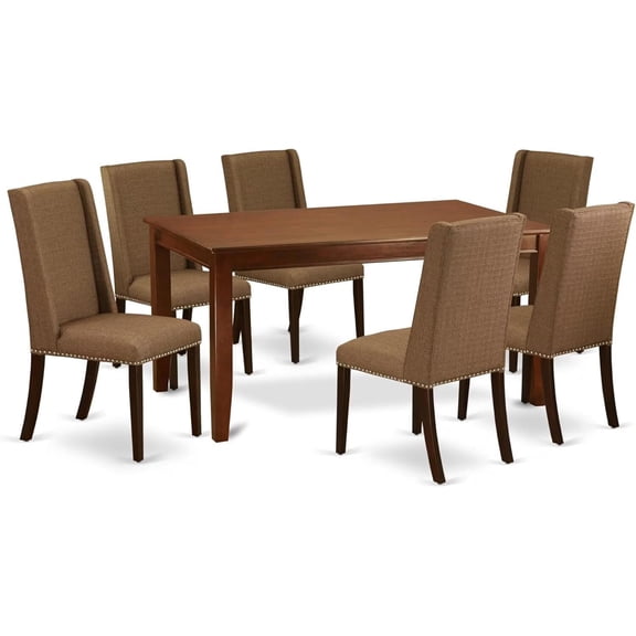 7 Piece Dining Set - Rectangle Table & 6 Upholstered Parson Chairs - Mahogany Finish