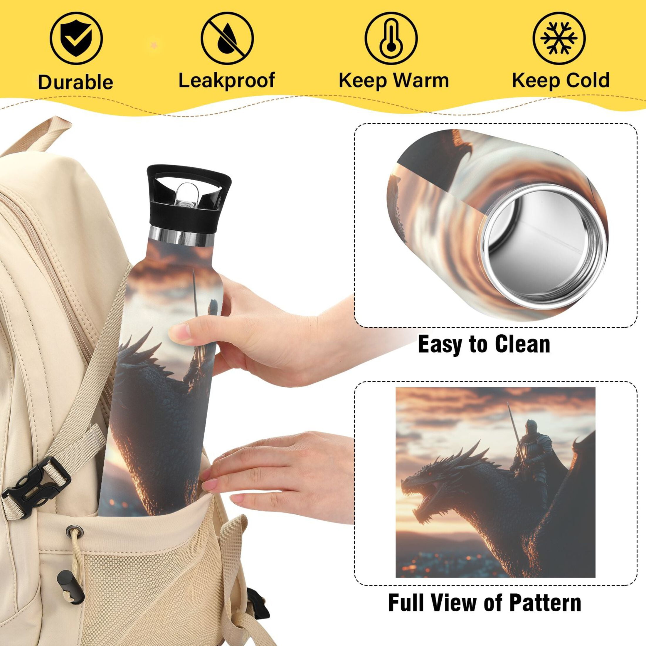 600ML Stainless Steel Insulated Cup Sports Water Bottle Portable Thermos Cup Water Glasses Insulated Tumblers Convenient and Durable Knight and Dragon