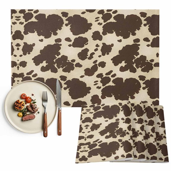 Print Placemats Set of 4, Farmhouse Beige Brown Prints Vintage Washable Wipeable Table Mats for Dining Tables, Indoor Outdoor Kitchen Place Mats for Holiday Party Table Decor