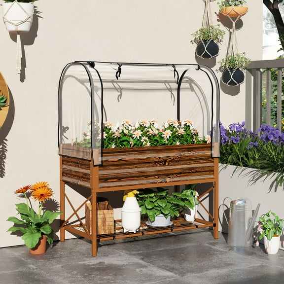 Outsunny Raised Garden Bed with Cover and Storage Shelf, Rectangular Metal Elevated Planter Box with Legs and Bed Liner, Dark Brown