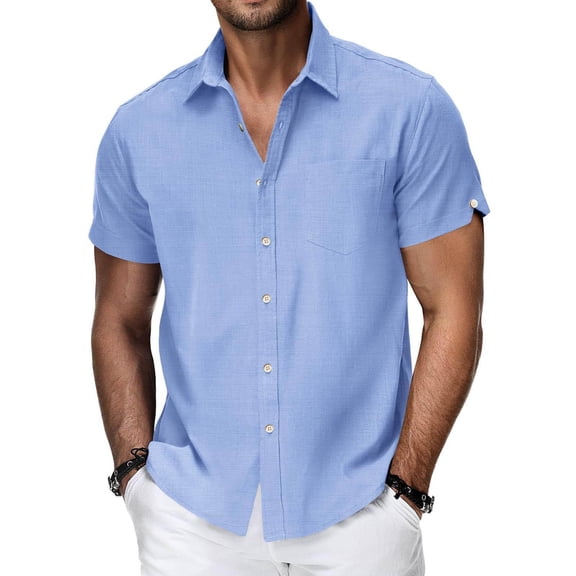 ZOYOEN Mens Linen Shirts Short Sleeve- Summer Casual Button Down Loose Fit Beach Shirts Light Blue Size S-2XL