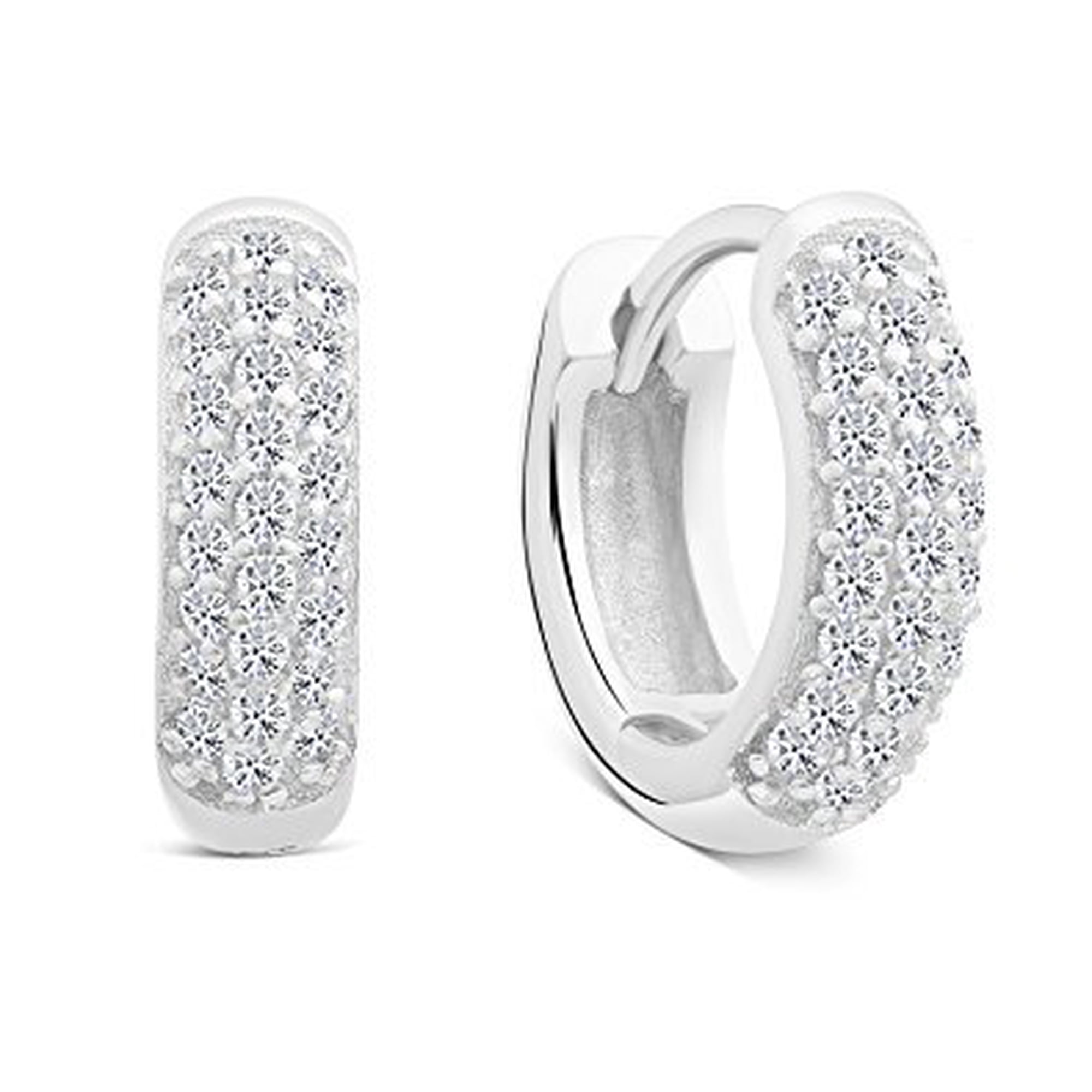 Tilo Jewelry Solid 925 Sterling Silver Round Pave Huggie Hoop Earrings with Cubic Zirconia CZ Stones | 13mm Small | Dainty Everyday Earrings for Women & Unisex