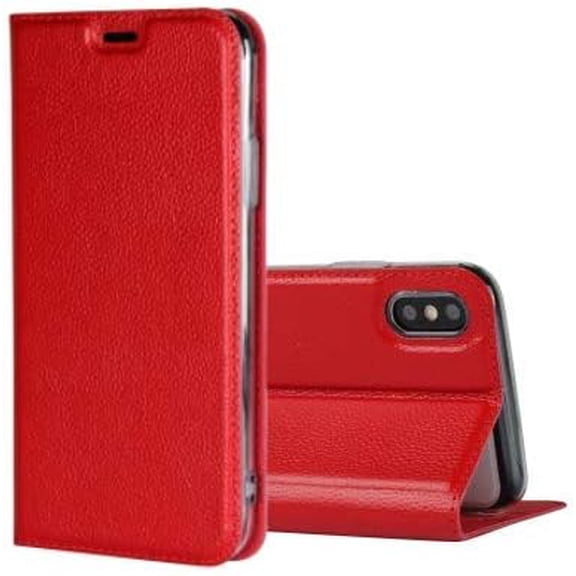 Genuine Leather Case Slim Folio Book Cover with Credit Card Slots,Kickstand Feature Stand Holder,Magnetic Closure [TPU Shockproof Interior Protective Case] for Apple iPhone X,Red