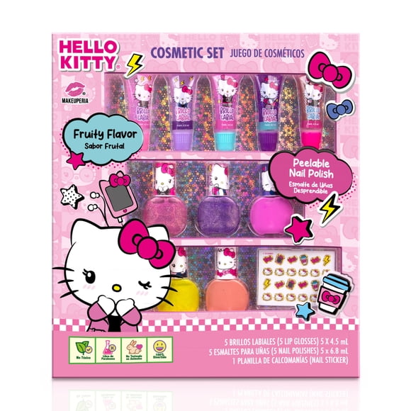 MAKEUPERIA Maquillaje Infantil Hello Kitty para Niñas, Set de Cosméticos con 5 Brillos Labiales, 5 Esmaltes Desprendibles, Calcomanías para Uñas, Sabor Frutal, Ideal como Regalo Seguro y Lavable