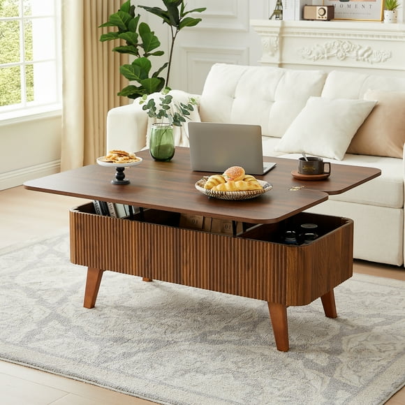 Wirrytor Table Basse 3 en 1 avec Rangement, Table Centrale avec Compartiments Cachés pour Salon, Table Basse pour Salon, Noyer